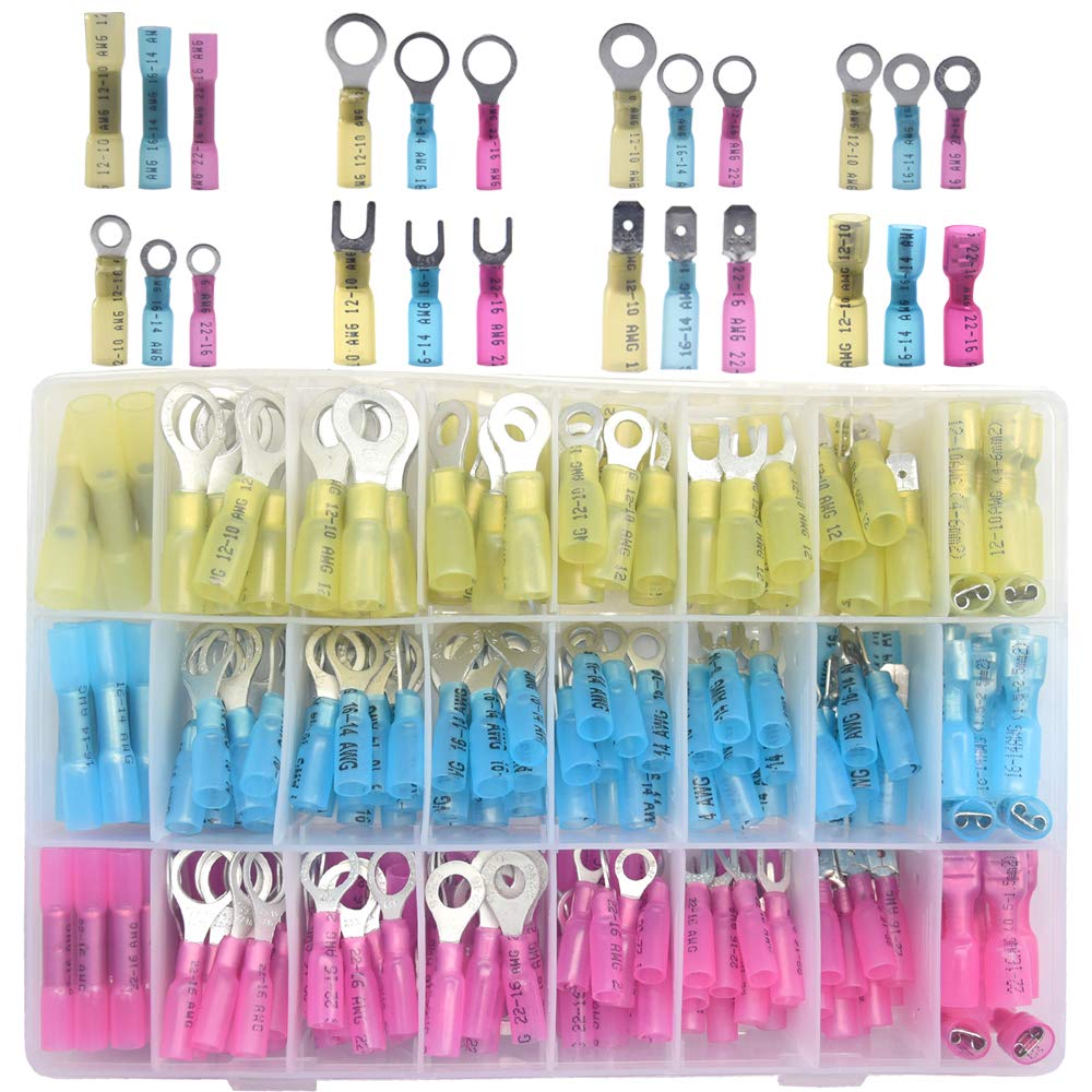 Yosawo 265 Pieces Heat Shrink Wire Connector Electrical Terminals Kit,Insulated Waterproof Electrical Crimp Marine Automotive Terminals Set,Ring Fork Spade Butt