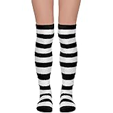 phnydreg Striped Thigh High Fuzzy Socks for Women Black and White Leg Warmers Winter Over Knee High Fluffy Fleece Stocking