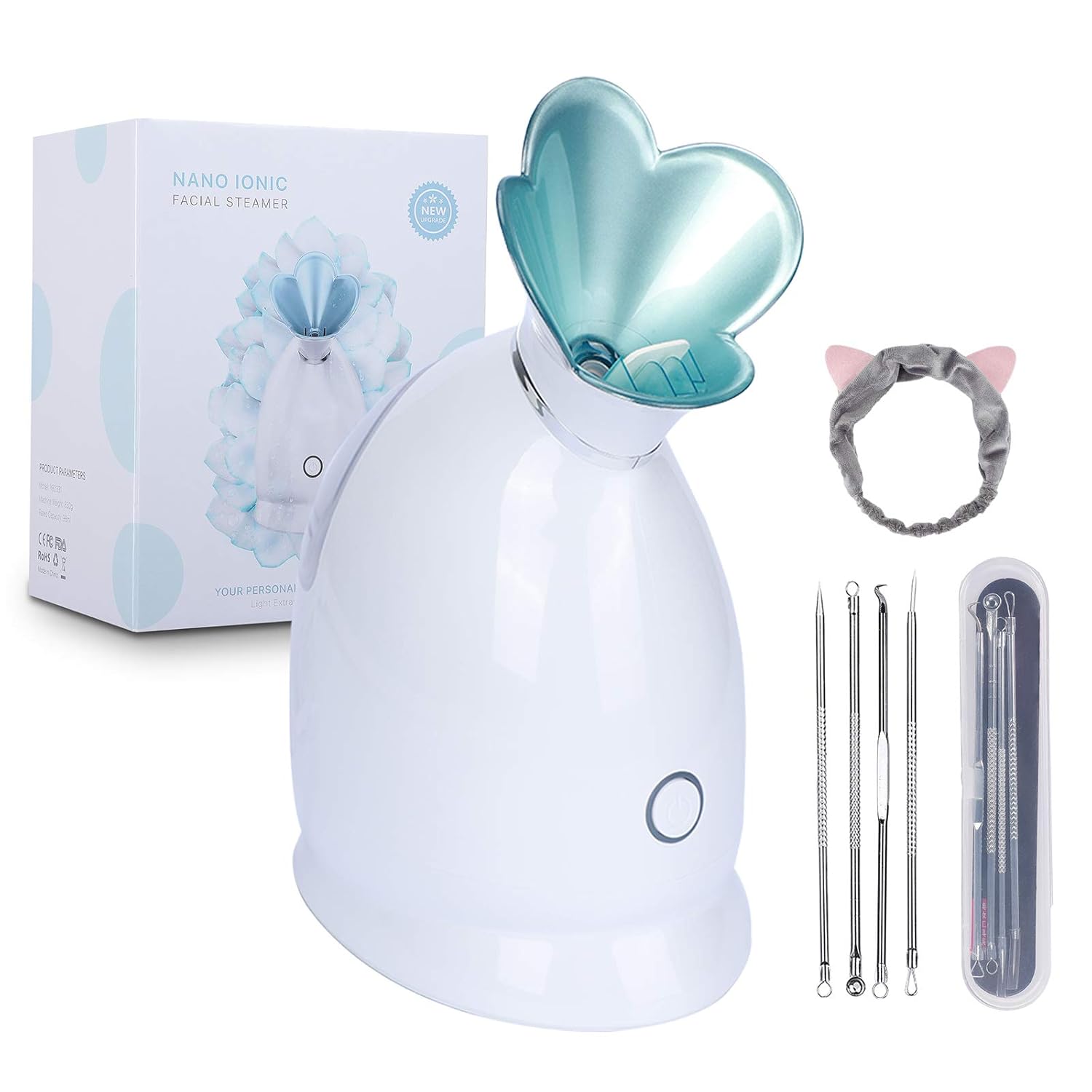 Facial Steamer, 10X Penetration 98ML, RUEOO Nano Ionic Face Steamer, Cleansing Pores Humidifier Steamer with 15min Steaming Time, plus Blackhead Remover Kit and Hair Band Moisturizing Steamer: Beauty