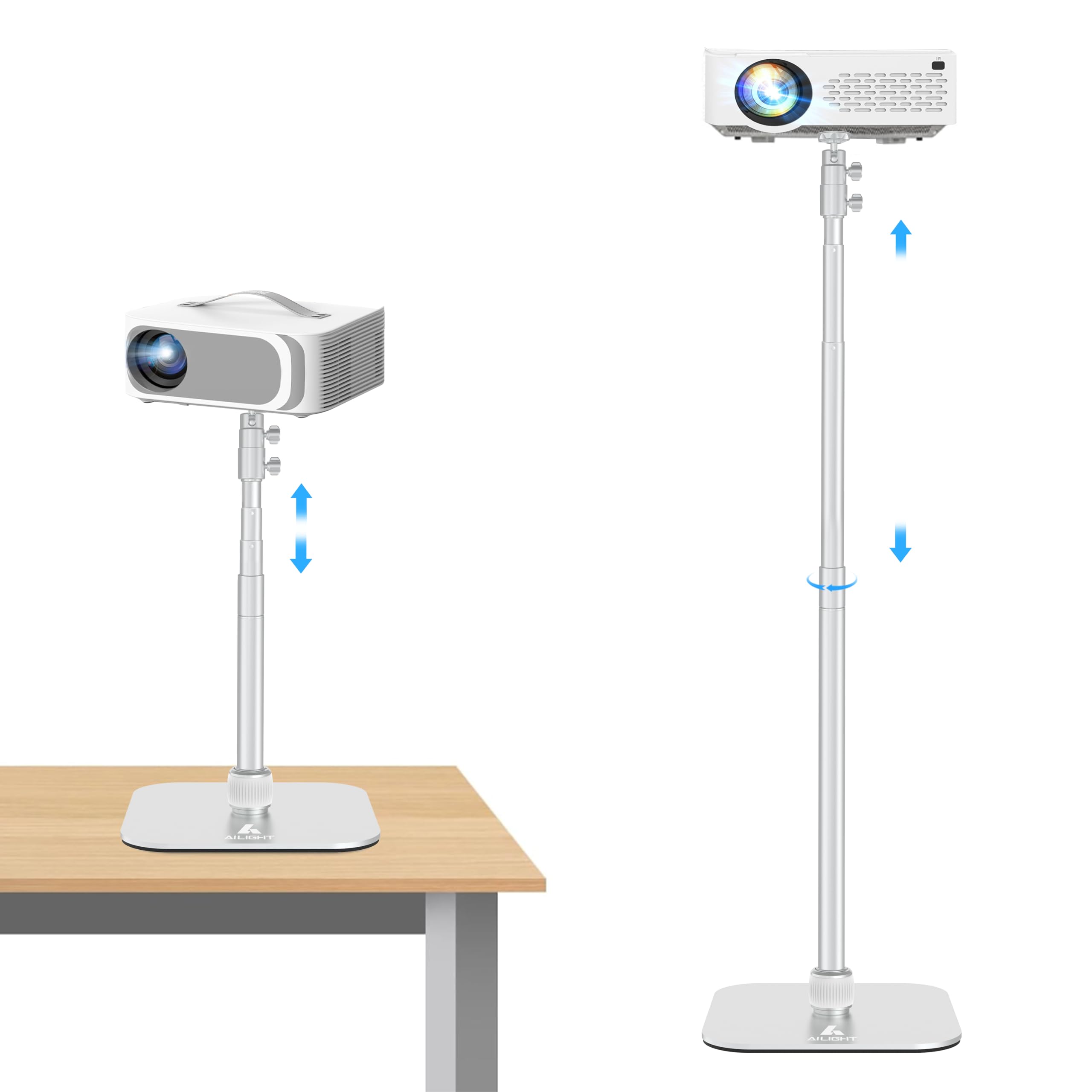 Photo 1 of ailight 2-in-1 Projector Stand from 12.6" to 53.1", Floor and Table Projector Mount with ±90° Tilt & 360° Rotate Height Adjustable Desk Tripod Stand Compatible with Camera, Microphone, Webcam, Lights