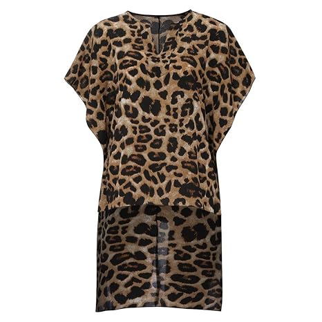 ?AG&T? Damenbluse Western Style V-Ausschnitt Irregular Saum Top Kurzarm T-Shirt mit Leopardenmuster