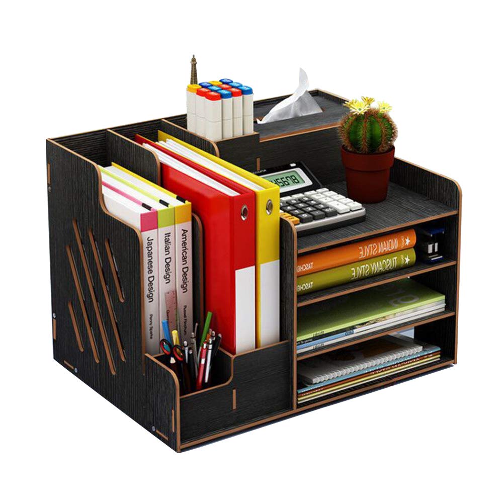 Hggzeg Wooden Desk Organizer, Large Capacity DIY Office Supplies Storage Box File Rack Paper Document Magazine Holder Sorter (Black)