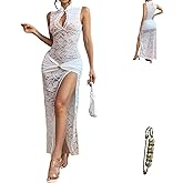 Yazinie Women Sexy Sleeveless Mesh Sheer Floral Lace Dress Hollow Out See Through High Split Bodycon Party Midnight Dresses