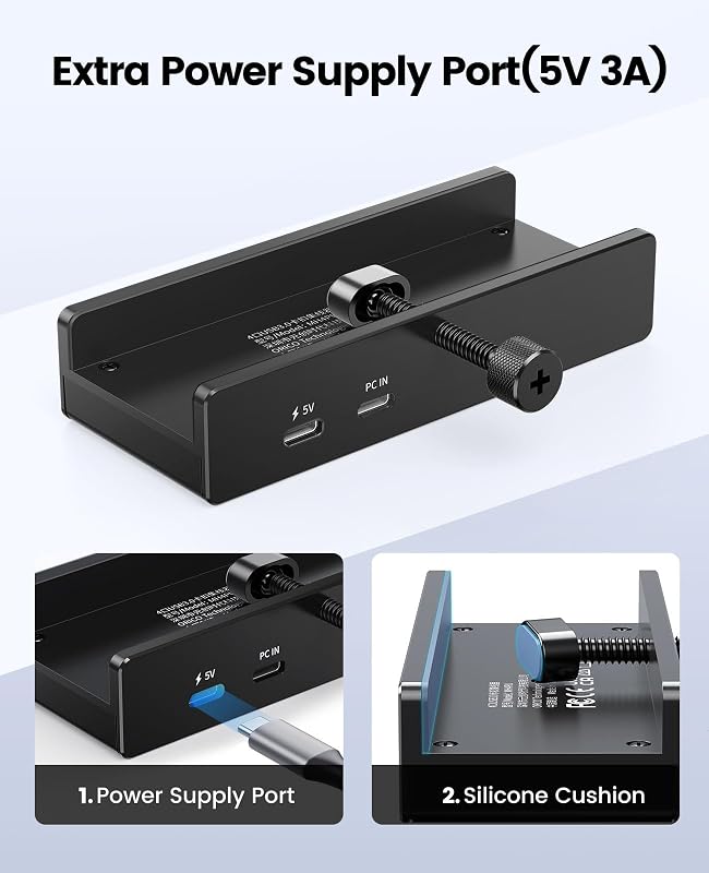 Hub USB 3.0, Hub USB a pinza con lettore di schede SD/TF, Splitter USB con 2 porte USB-A 3.0, audio da 3,5 mm, 5 Gbps, collegamento alimentazione 5V, per monitor, desktop