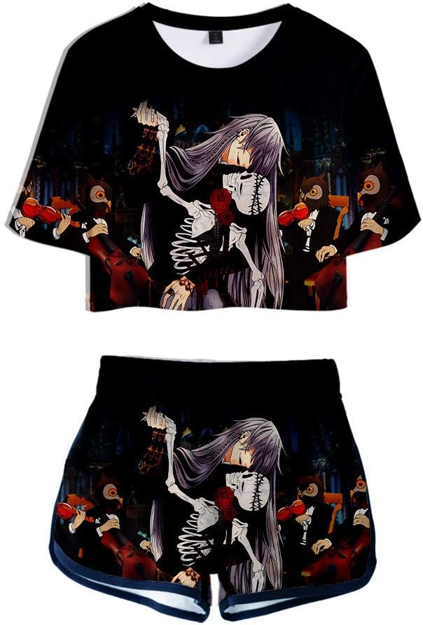 worclub Anime Black Butler 3D Sexy Navel Short T-Shirt and Shorts Sportswear Set for Girl/Women