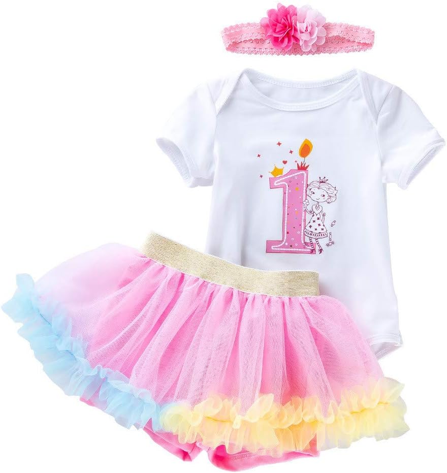 3pcs Baby Girls First Birthday Letter Short Sleeve Romper + Tulle Skirt + Headband Summer Outfit Photo Shoot Daily Wear