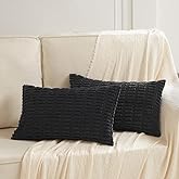 Fancy Homi 2 Packs Black Decorative Throw Pillow Covers 12x20 Inch for Living Room Couch Bed Sofa, Rustic Farmhouse Boho Home Decor, Soft Striped Corduroy Square Cushion Case 30x50 cm