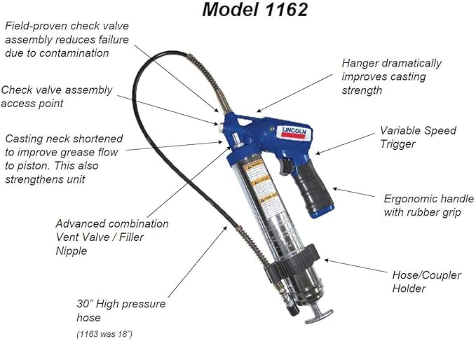 Amazon Com Lincoln 1162 Fully Automatic Heavy Duty Pneumatic Grease Gun Air Operated Variable Speed Trigger 30 Inch High Pressure Hose Combination Filler Coupler Air Bleeder Valve Automotive