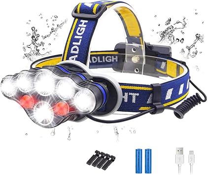Amazon ヘッドライト Ledヘッドランプ ルーメン以上 8 Led Usb充電 Ipx6防水 軽量 調整可能 赤 白ライト 8種モード アウトドア 夜釣り 防災 登山用 停電用 キャンプ 型バッテリー付き ヘルメットホルダー4個 日本語マニュアル ヘッド ライト