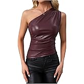 winkbay Women's One Shoulder Leather Tank Top Sleeveless Ruched Asymmetrical Party Club Tops