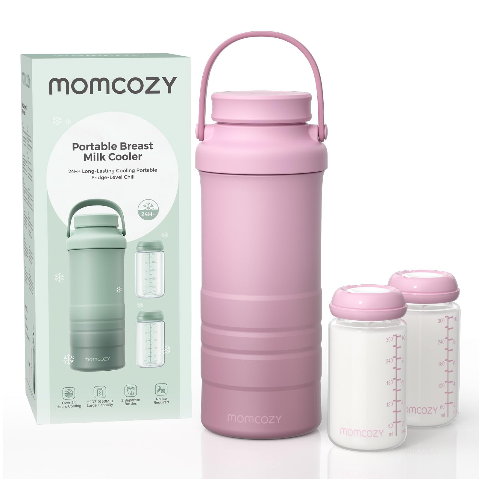 Photo 1 of Momcozy 22oz Portable Breast Milk Cooler for Outdoor, Life Saver with 360° Total Cooling for 24 Hours, Larger Capacity Travel Breastmilk Chiller with 2pcs Baby Bottles for Breastmilk Storage, Pink