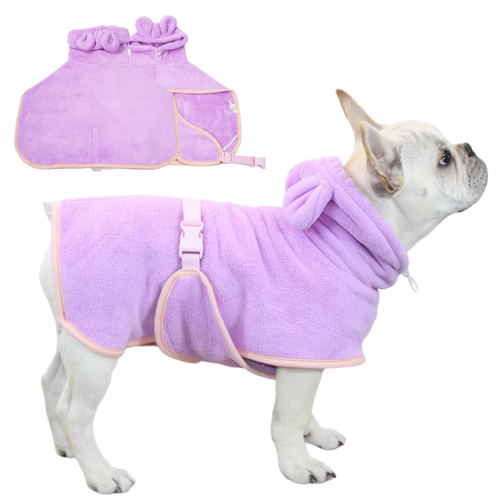 Fnaobai Pet Bathrobe for Dog Cat Absorbently Quick Drying Coat Cute Dogs Bath Towel Hooded Robe Adjustable Collar & Belly Strap for Pool Beach (Purple, L)