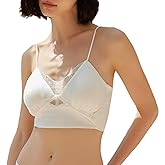 SilRiver Silk Bralette Satin Cami with Built in Bra Tank Top for Women Wireless Padded Bra Camisole Tops with Lace Trim