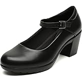 Womens Mary Jane Dress Shoes Chunky Low Block Heels 7CM Closed Toe Work Platform Pumps Dressy Orthopedic for Business Flight Wedding Office Ankle Strap Leather Casual Comfort with Arch Support