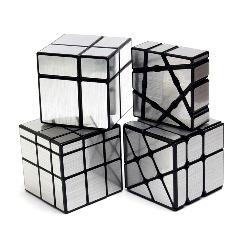 Yealvin Mirror Cube Set, Mirror Cube Bundle of 1×3×3 Floppy Cube 2×2 Speed Cube 3×3 Windmill Magic Cube and 3×3 Mirror Cube Smooth Brain Teasers Puzzles Collection 4 Pack Silver