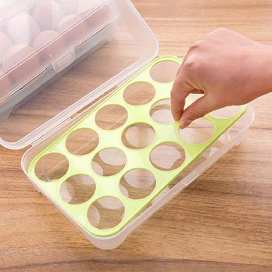 Kitchen Refrigerator Eggs Dispenser, Eggs Storage Box Eggs Holder with Lid, Holder for 15 Eggs (Green)