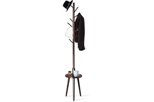 BARIEN Free Standing Wooden Coat Rack Stand, 8 Hooks FreeStanding Hat Racks with Shelf, 4 Height Options 50.7"-72.8", Used To Hang Clothes, Hats, Bags (Brown)