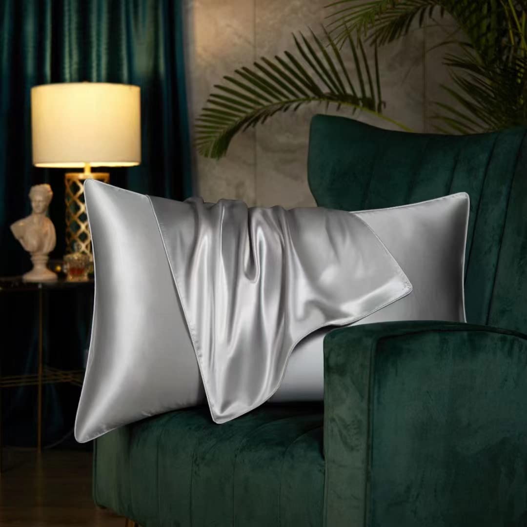 Both Sides Luxury Mulberry Silk Pillowcase 19 Momme Soft Breathable Hidden Zipper 1pc/pack 100% Pure Natural Silk (Silver, Standard 50x75cm)