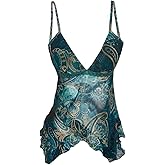 Milumia Women's Boho Paisley Ruffle Trim Mesh Cami Top V Neck Asymmetrical Hem Sheer Tops