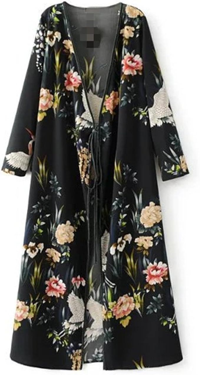 Amazon Lisa Pulster 人気 プチプラ 舞台 芝居 ロング ガウン ワンピース ロングガウン 和風 和柄 衣装 ダンス マキシ シフォン ワンピ 黒系 ブラック 黒 黒色 M コート ジャケット 通販