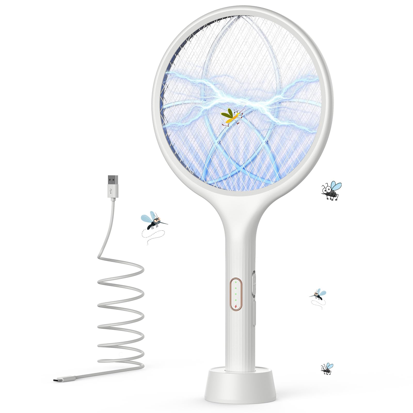 YISSVIC 電撃殺虫ラケット 4000V高電圧で蚊取り 手持ちモード/誘引モード USB充電 スタンド付きの光源誘引式 充電式電撃殺虫器 3層構造ネット 薬剤不要で虫除け 軽くて キャップ アウトドア 屋外と屋内で使用(白)商品画像