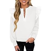 Cicy Bell Womens Ruffle Long Sleeve Sweatshirt Notched V Neck Textured Casual Pullover Tops Fall Loose Fit Blouses