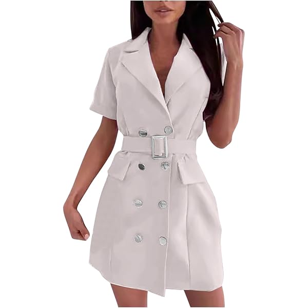 Women's Short Sleeve Belted Blazer Dress, Elegant Notched