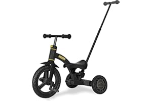 KRIDDO 4-in-1 Kids Tricycle for 1.5 to 3 Yea Old with Parent Steering Push Handle, 12 Inch Front Wheel Trike, Toddler Balance Bike for Boys Girls 18 Month to 3 Years, Adjustable Height, Black