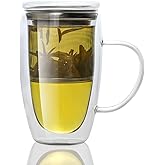 Almagic Double Wall Glass Tea Mug with Infuser and Lid, 14 oz / 400 ml Borosilicate Glass Tea Cup with 304 Stainless Steel Fine Mesh Infuser, Durable Insulated Tea Cup, Gift for Tea Lovers