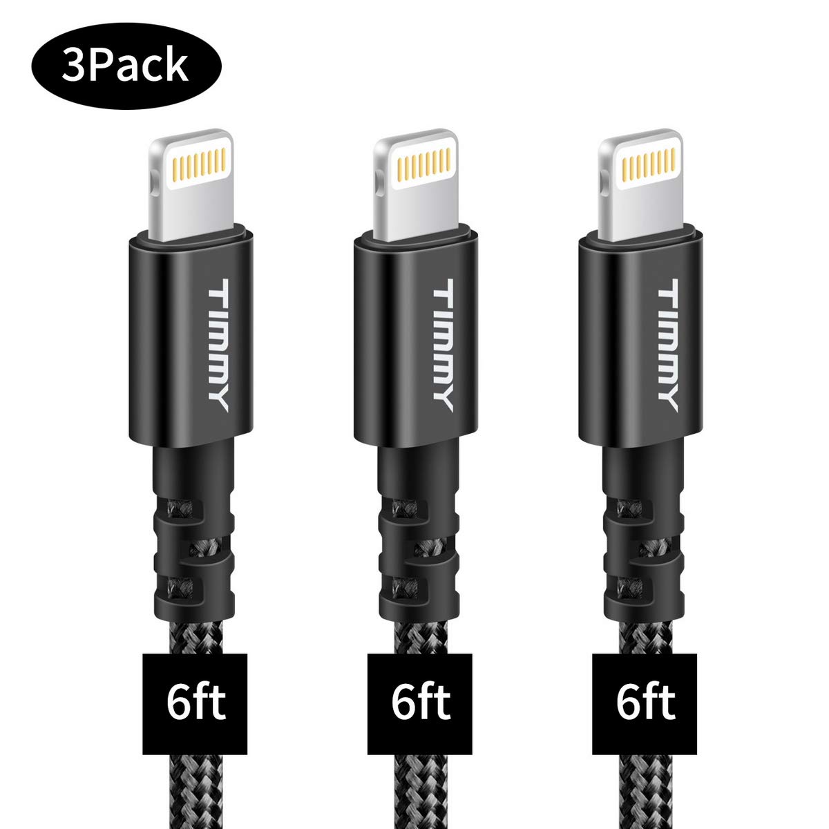 iPhone Cable,TIMMY iPhone Charging Cable 3PACK 6ft Nylon Braided iPhone Charger Cable to USB Data Synchronization Cable Charger (Black)