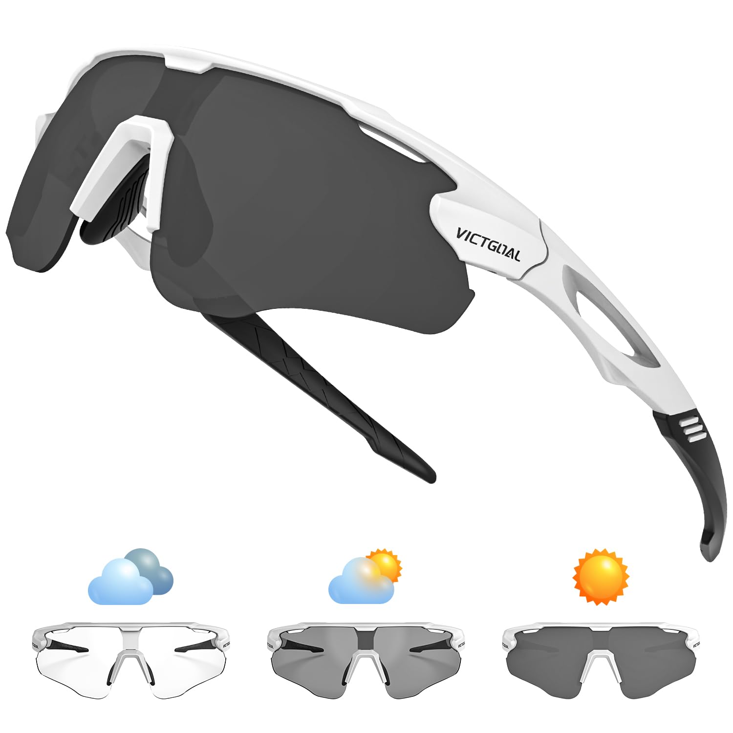 Victgoal Running Glasses Photochromic Sunglasses for Men Women with TR90 Frame UV Protection Sports Cycling Glasses (White)