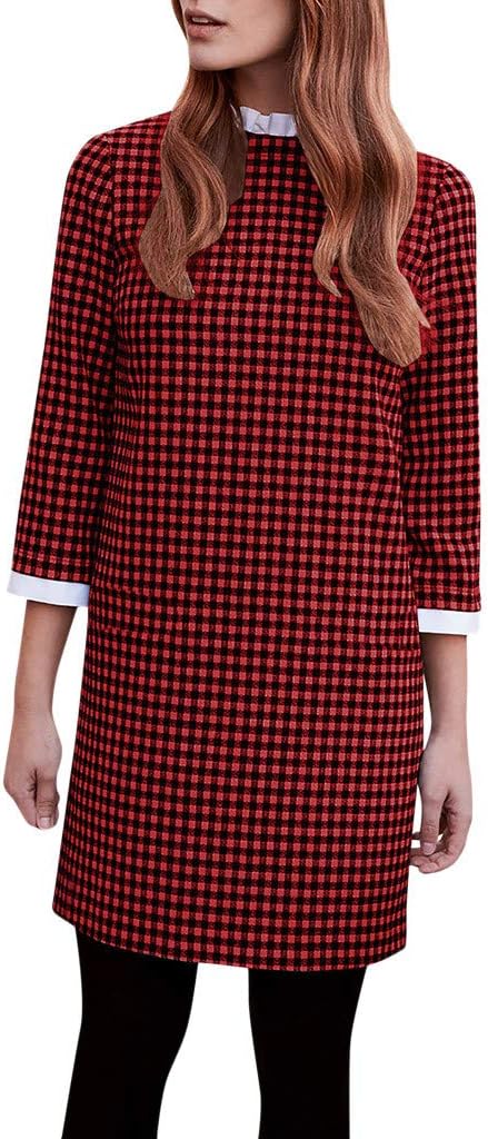 iFOMO 3/4 Sleeve Casual Plaid Print Dress for Women,Checkered Mini Dress for Girls
