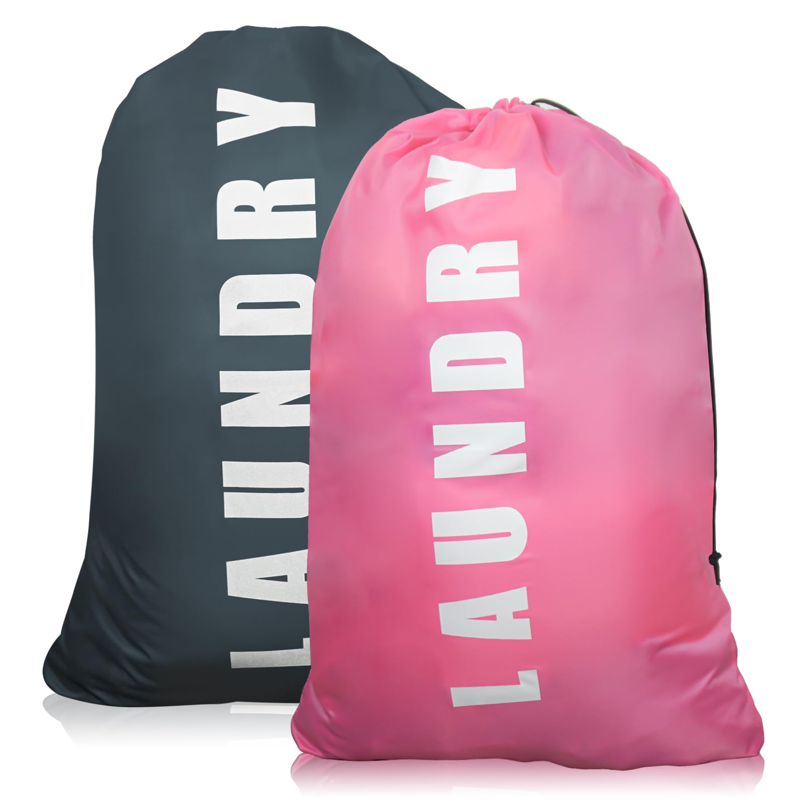 2 Pack Upgrade Extra Large Travel Laundry Bag with Drawstring，24" x 36" Durable Rip-Stop Dirty Clothes Shoulder Bag for Travel, Bathroom Home or Dormitory (Pink Grey)