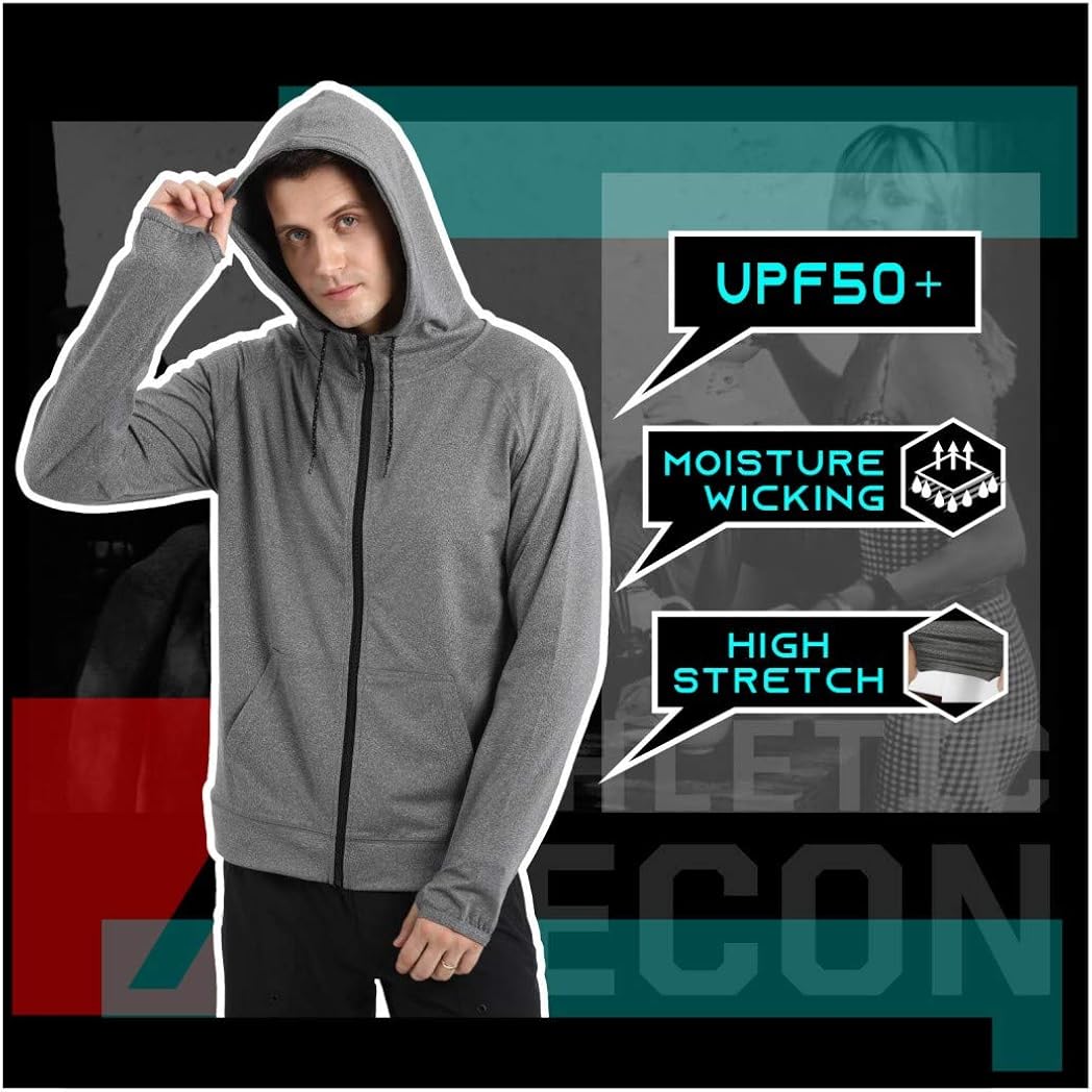 ARECON Mens Sports Running breathable hoodie Jacket stretch Full-Zip Long Sleeve Casual Sweatshirt: Clothing