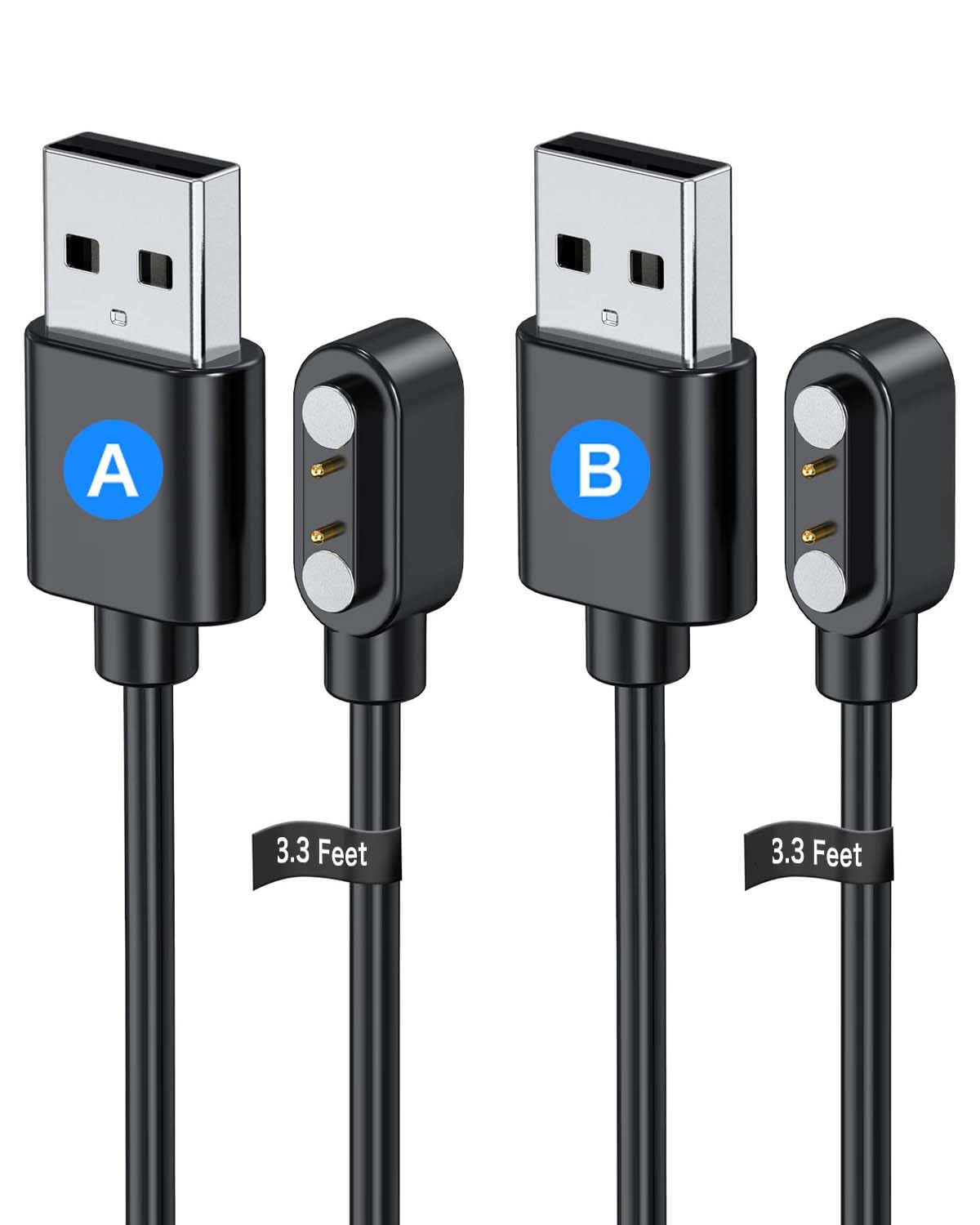 Photo 1 of 2 Pack Universal Smart Watch Charger Magnetic,Cable Contact 2 pin spacing 2.8mm,High Speed Safe Replacement USB Charger Cord,The magnets magnetism of the two cables is reversed,Model A + Model B