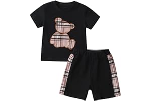 Vicexuga Baby Boy Summer Outfit Infant Bear Embroidery Short Sleeve Top + Shorts Outfit Summer Set