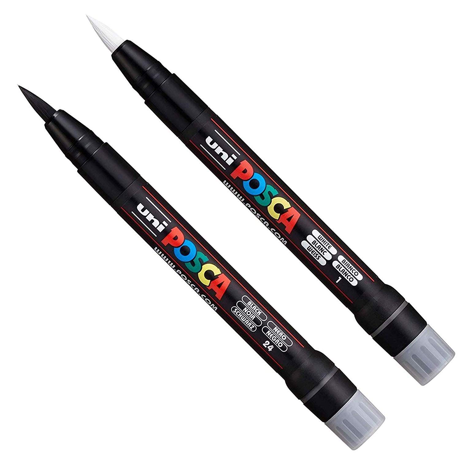 Posca Uni PCF-350 Brush Tipped Paint Marker Art Pen - Fabric Glass Metal Pen - Black & White Set (1 of each)