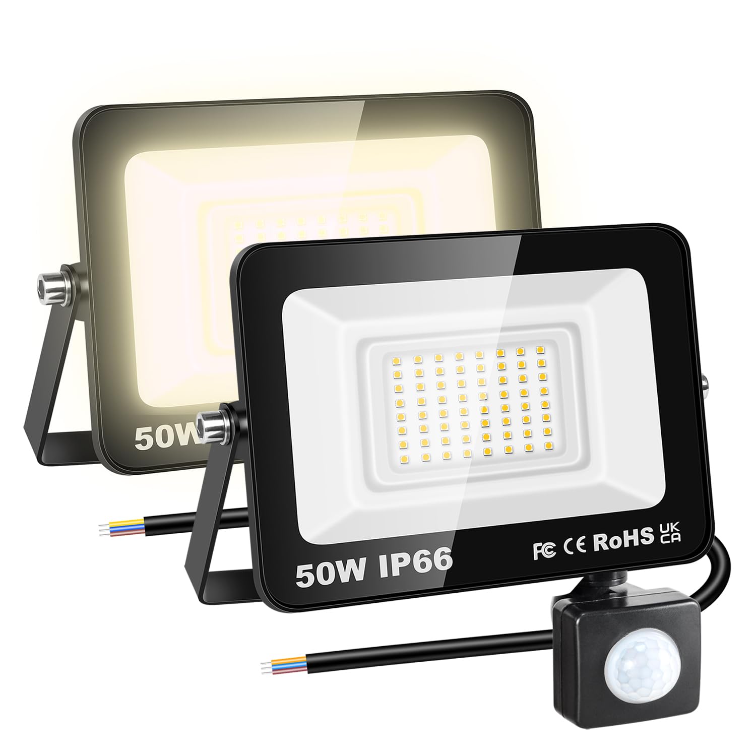 RIGIDON 2 Pcs PIR Motion Sensor Outdoor Floodlight, 50W 5000 Lumens Outside Led Work Light, Daylight Warm White Wall Light for Garden Garage Backyard Patio Lawn House Doorway, IP66 Waterproof 3000K