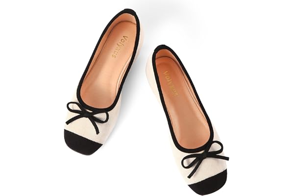 Volyxus Women's Ballet Flats Cap Toe Bow Flats Two Tone Slip On Flats Comfort Square Toe Dressy Flat Shoes for Casual Work