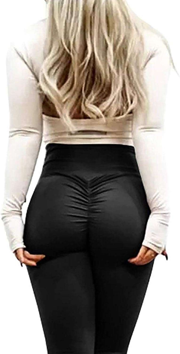 Women Back Ruched Leggings Solid High Waist Lift Workout Pants Slimming Tights (Black, X-Large)