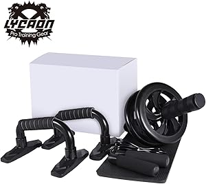 LYCAON Ab Wheel Roller Set 4 in 1 Includes Ab Wheel Roller, Push-Up Bar, Skipping Rope and Knee Pad, Roller Wheel Kit for Lose Weight, Fitness, Exercise Abdominal Muscles, Work Out at Home, Gym