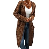 Women Hooded Open Front Cardigan Cable Knit Sweaters Solid Color Chunky Long Sweater Coats