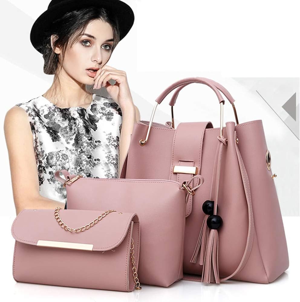 AlwaySky Women Soft PU Leather Handbag 3Pcs Set Tote Shoulder Bag Clutch Purses Set (Pink), 1 - Image 3
