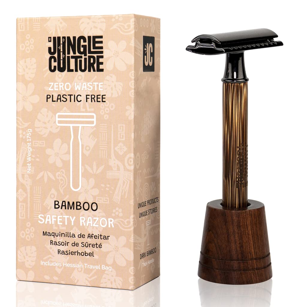 Jungle Culture® Bamboo Safety Razor for Men & Women with STAND • Premium Eco Friendly Razor • Fits Double Edge Razor Blades • Single Blade Reusable Razor • Zero Waste • Dark Wood Handle Slim