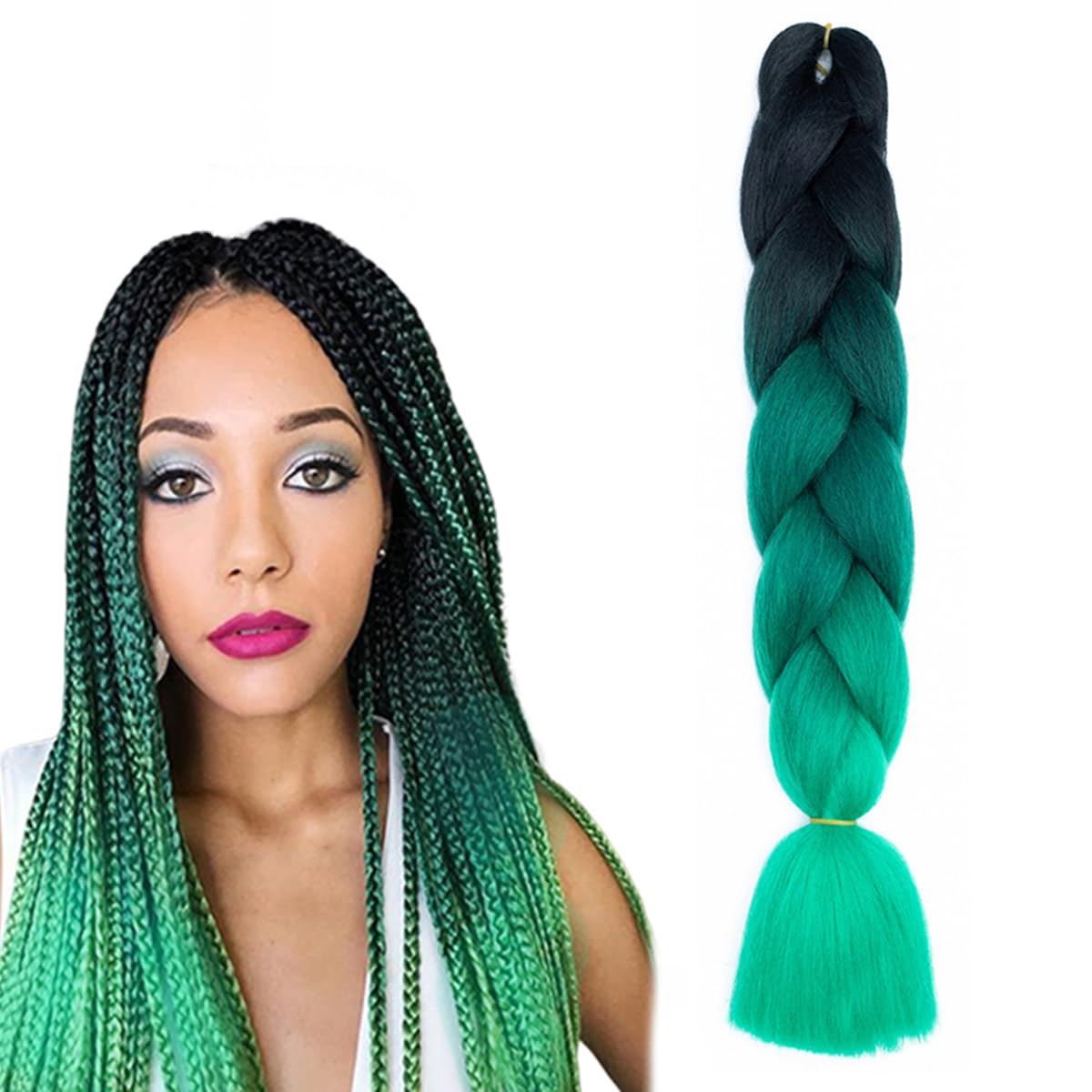 prinfantasy Ombre Braiding Hair Extensions Kanekalon Synthetic Hair for Crochet Twist 1 Black Dark Root to Green Braids Extensions Hair,GBBZ096