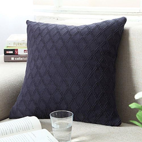 showlife Soft Square Warm Pillow Covers Rhombus Patterns Double-Cable Cotton Knitted Decorative Cushion Cover Grey/Navy (navy)