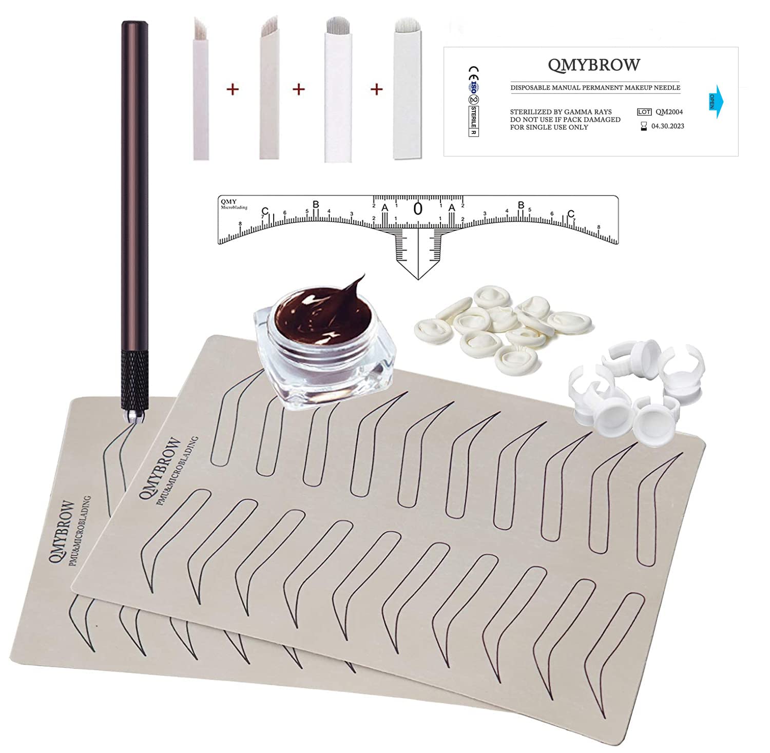 Microblading kit Eyebrow Micro Needling Pen Set with Blades Pigment Practice-skin Ring cup for eyebrow tattoo Permanet Makeup Tatto Kits- QMYBrow