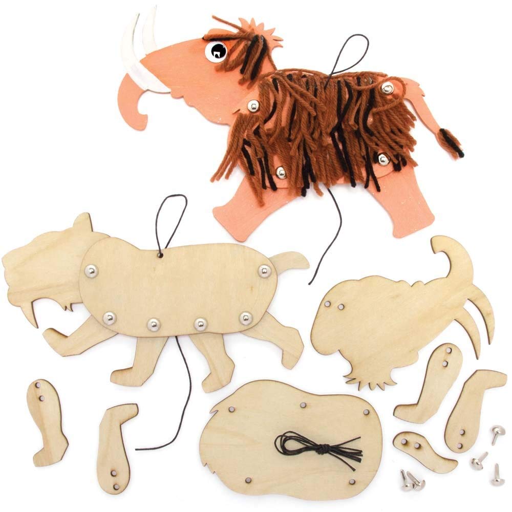 Baker Ross FE466 Mammoth & Saber Tooth Tiger Wooden Puppets - Pack of 4, Build Your Own Puppets, Puppets for Kids, Wooden Model Kit