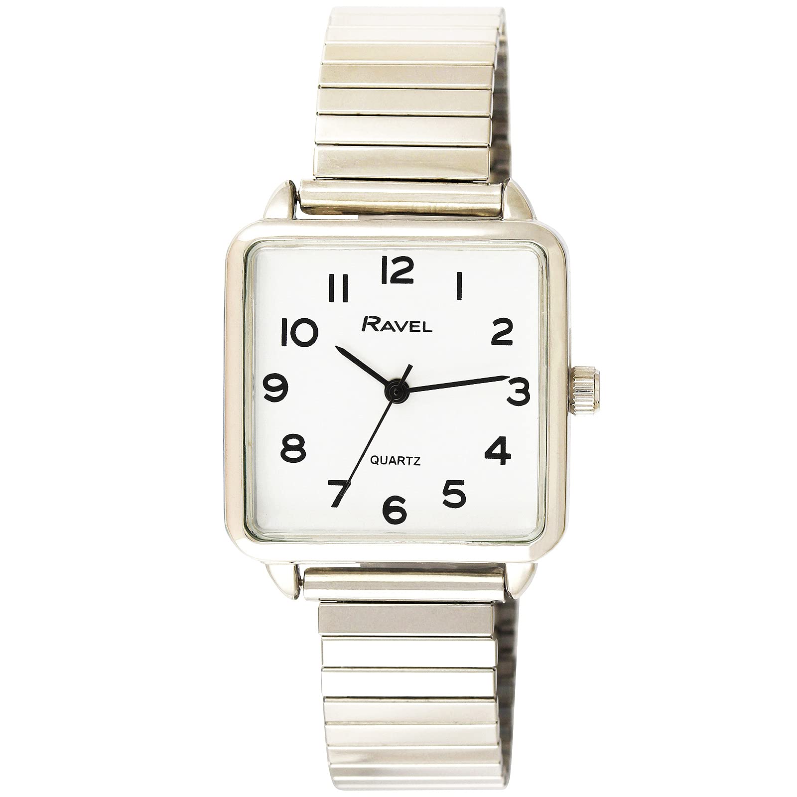 Ravel Women's Classic Square Everyday Watch with Clear Numbers - Stainless Steel Expander