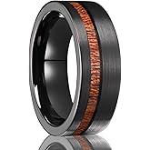 Concept Knight Tungsten Carbide Rings for Men 8mm Black Hammered Whiskey Barrel Wood & Elk Antler Inlay Men's Engagement Wedding Bands Matte Brushed